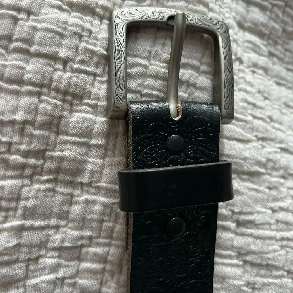 Mens Black Embossed Genuine Leather Embossed Western Inspired Belt Silver Buckle